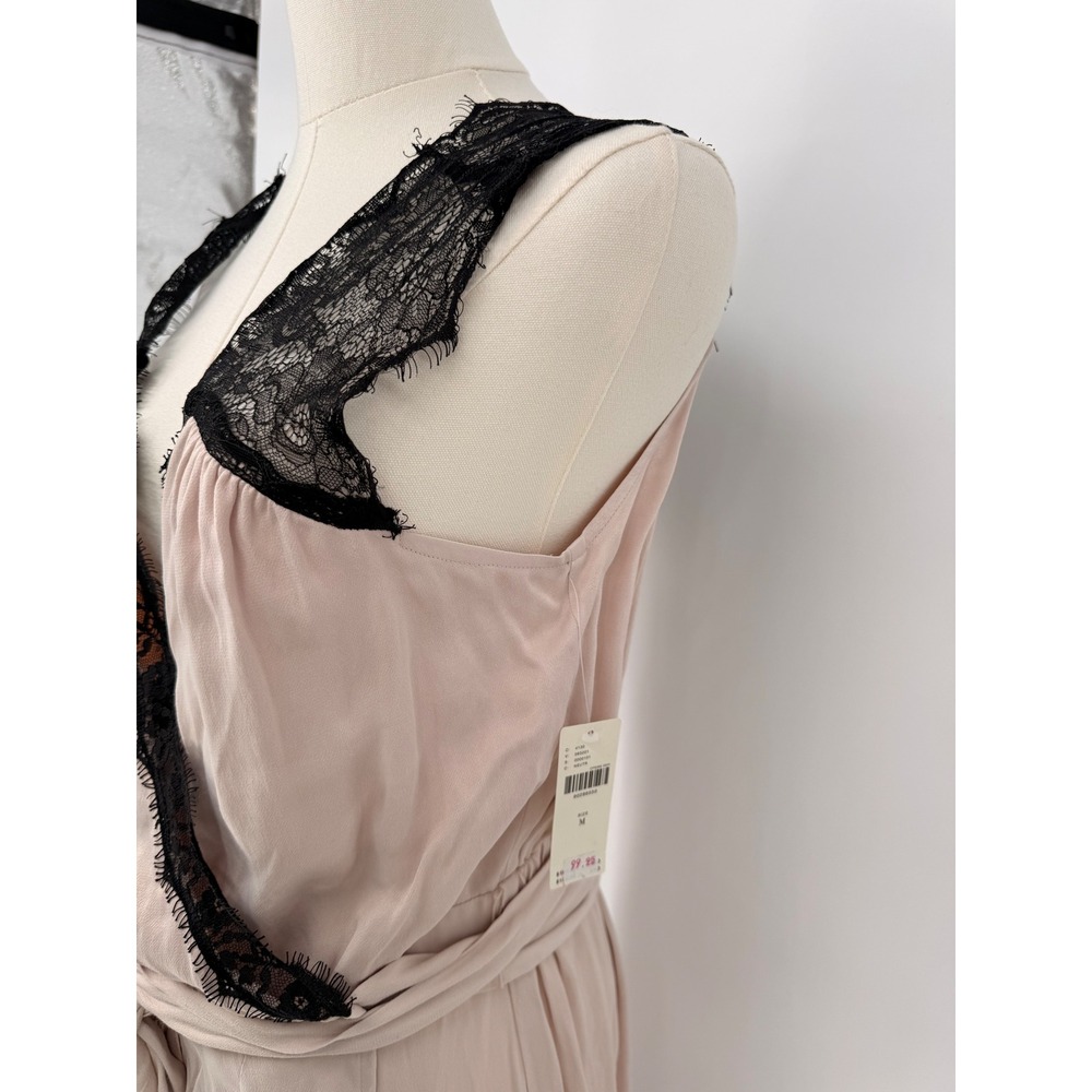 Anthropologie Satin Lace Wrap Dress Midi Pink Black Trim Tie‎ Waist  Women's M - Picture 4 of 9
